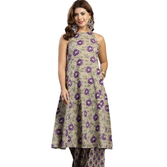 Kimayra Cotton Calf Length Printed Sleeveless Round Neck Flared Kurta Suit Set