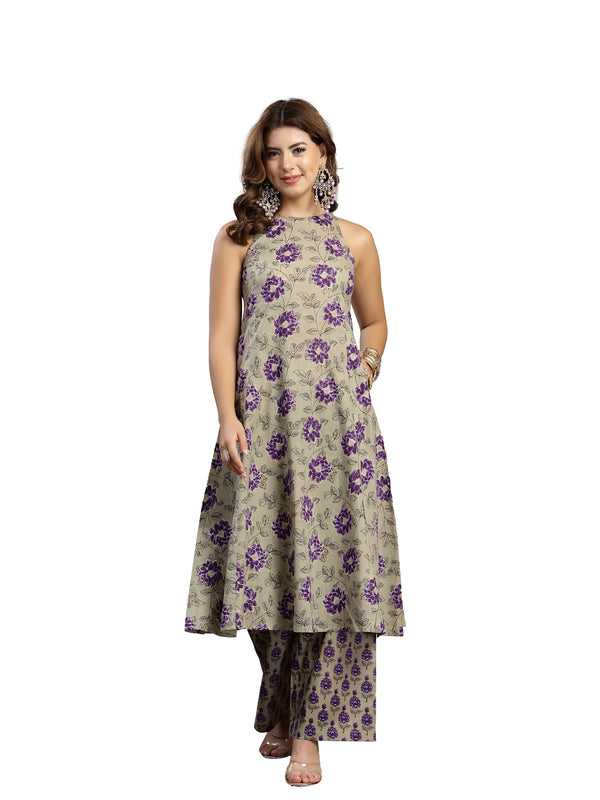 Kimayra Cotton Calf Length Printed Sleeveless Round Neck Flared Kurta Suit Set