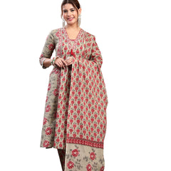 Kimayra Cotton Calf Length Printed 3/4 Sleeve V-Neck A-Line Kurta Suit Set