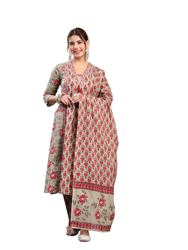 Kimayra Cotton Calf Length Printed 3/4 Sleeve V-Neck A-Line Kurta Suit Set