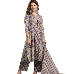 Kimayra Cotton Calf Length Printed 3/4 Sleeve V-Neck A-Line Kurta Suit Set