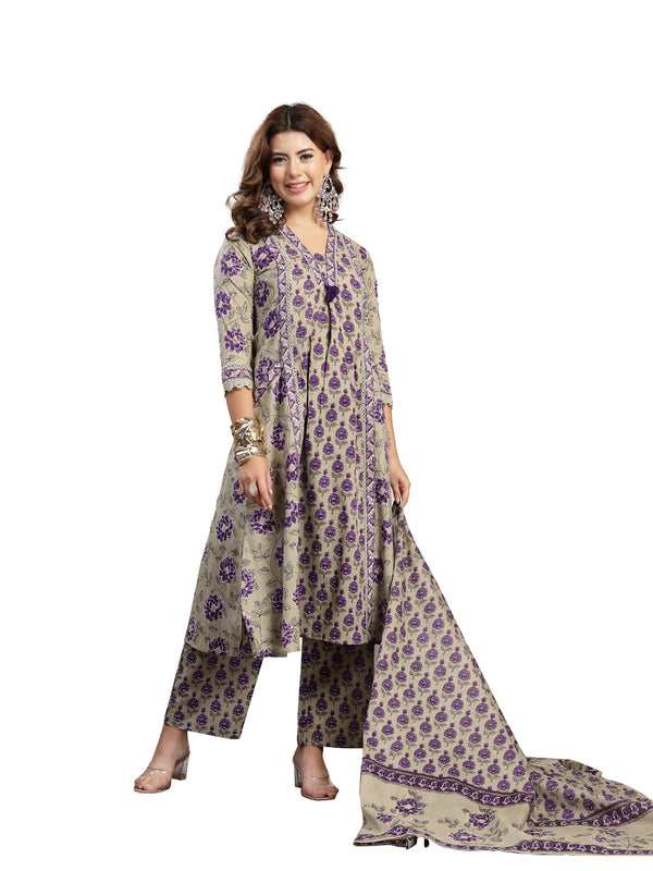 Kimayra Cotton Calf Length Printed 3/4 Sleeve V-Neck A-Line Kurta Suit Set