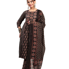 Kimayra Cotton Calf Length Printed 3/4 Sleeve Key Hole Neck Flared Kurta Suit Set