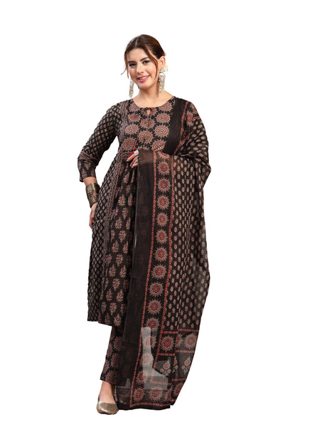 Kimayra Cotton Calf Length Printed 3/4 Sleeve Key Hole Neck Flared Kurta Suit Set