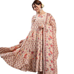 Kimayra Cotton Calf Length Printed 3/4 Sleeve Key Hole Neck Flared Kurta Suit Set