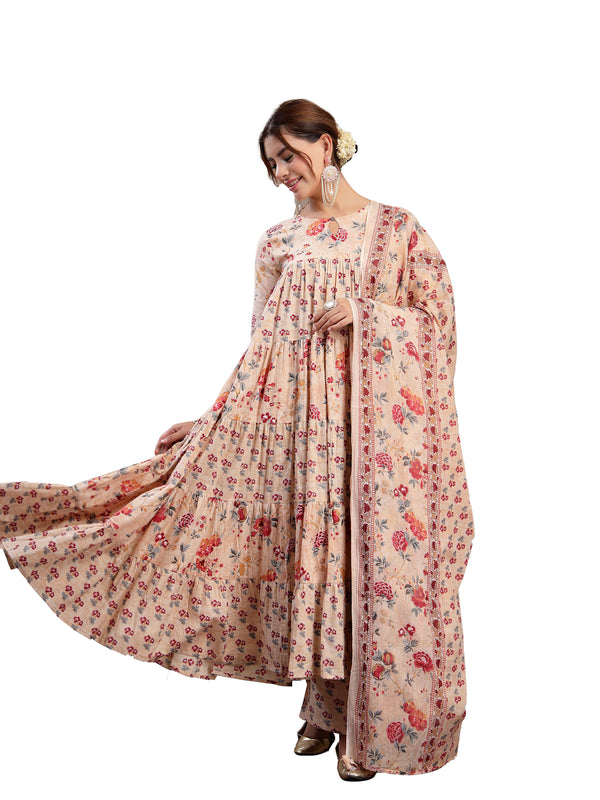 Kimayra Cotton Calf Length Printed 3/4 Sleeve Key Hole Neck Flared Kurta Suit Set