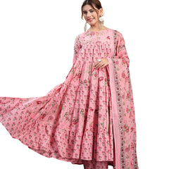 Kimayra Cotton Calf Length Printed 3/4 Sleeve Key Hole Neck Flared Kurta Suit Set