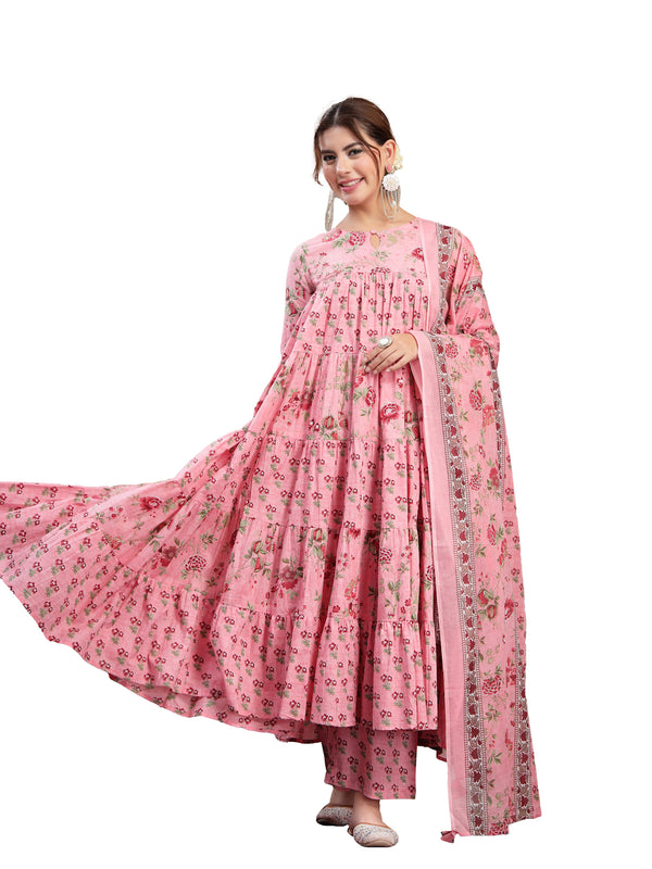 Kimayra Cotton Calf Length Printed 3/4 Sleeve Key Hole Neck Flared Kurta Suit Set