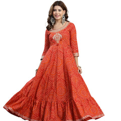 Kimayra Cotton Ankle Length Printed 3/4 Sleeve Round Neck Flared Kurta