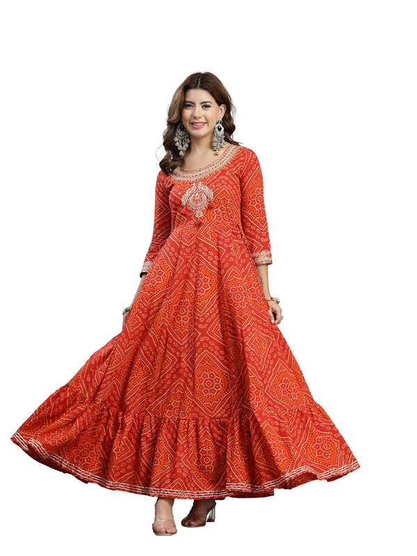Kimayra Cotton Ankle Length Printed 3/4 Sleeve Round Neck Flared Kurta