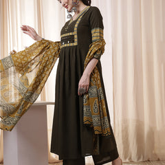 Kimayra Rayon Calf Length Solid 3/4 Sleeves V Neck Flared Kurta Suit Set