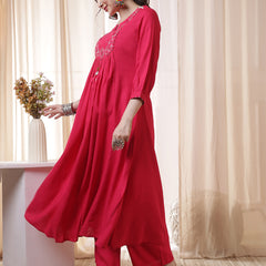 Kimayra Rayon Calf Length Solid 3/4 Sleeves Round Neck Flared Kurta Suit Set
