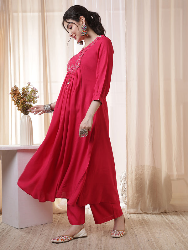 Kimayra Rayon Calf Length Solid 3/4 Sleeves Round Neck Flared Kurta Suit Set