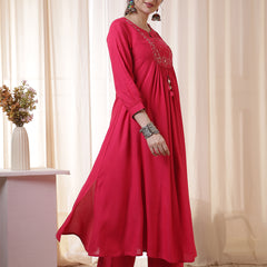 Kimayra Rayon Calf Length Solid 3/4 Sleeves Round Neck Flared Kurta Suit Set