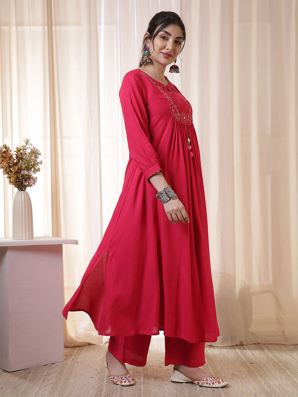 Kimayra Rayon Calf Length Solid 3/4 Sleeves Round Neck Flared Kurta Suit Set