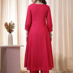 Kimayra Rayon Calf Length Solid 3/4 Sleeves Round Neck Flared Kurta Suit Set