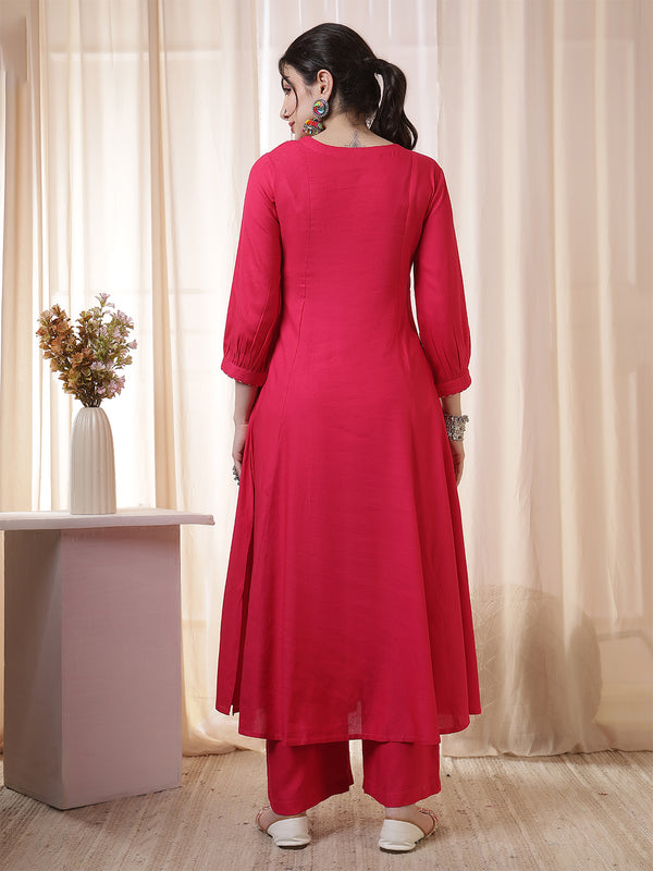 Kimayra Rayon Calf Length Solid 3/4 Sleeves Round Neck Flared Kurta Suit Set