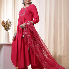 Kimayra Rayon Calf Length Solid 3/4 Sleeves Round Neck Flared Kurta Suit Set