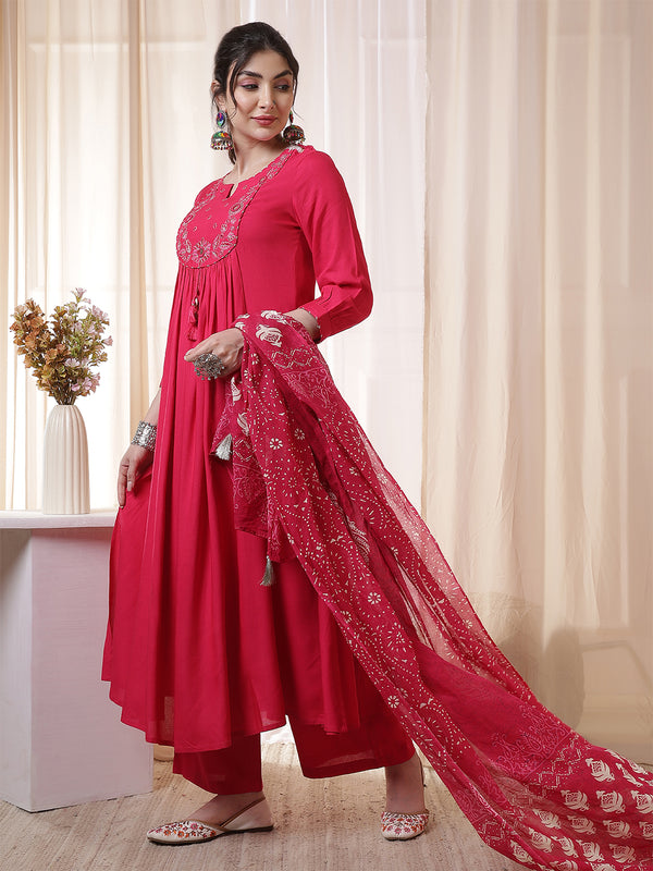 Kimayra Rayon Calf Length Solid 3/4 Sleeves Round Neck Flared Kurta Suit Set
