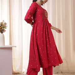 Kimayra Rayon Calf Length Printed 3/4 Sleeves Round Neck Flared Kurta Suit Set