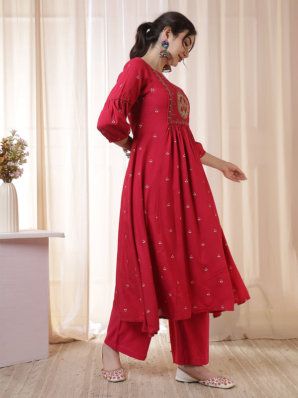 Kimayra Rayon Calf Length Printed 3/4 Sleeves Round Neck Flared Kurta Suit Set
