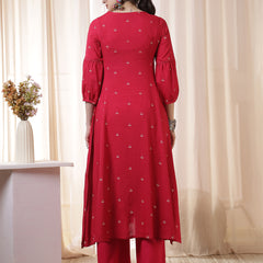 Kimayra Rayon Calf Length Printed 3/4 Sleeves Round Neck Flared Kurta Suit Set