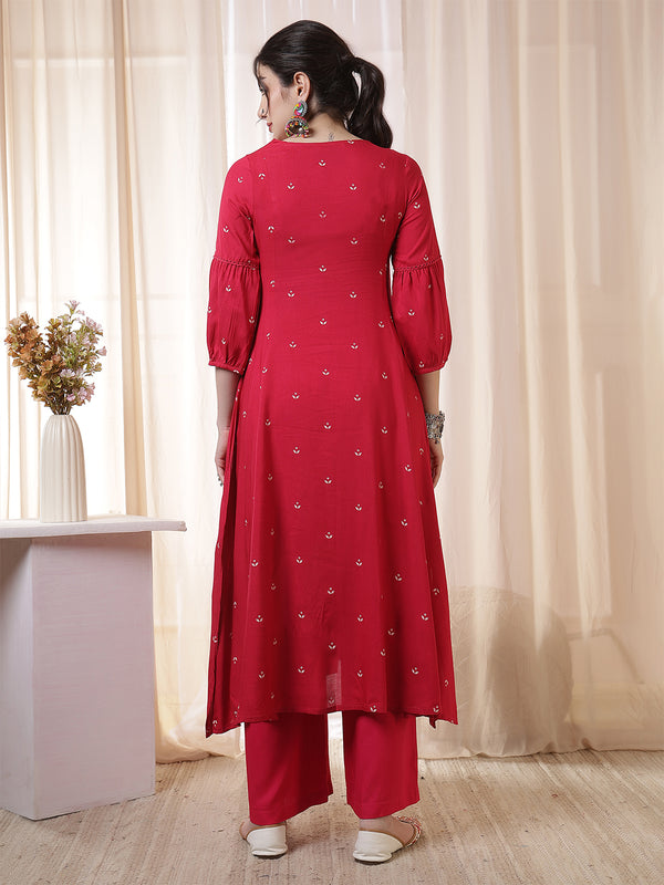 Kimayra Rayon Calf Length Printed 3/4 Sleeves Round Neck Flared Kurta Suit Set