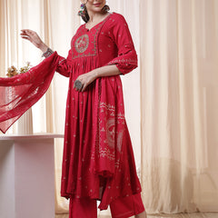 Kimayra Rayon Calf Length Printed 3/4 Sleeves Round Neck Flared Kurta Suit Set
