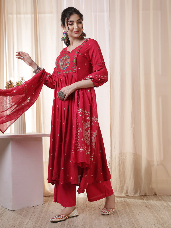 Kimayra Rayon Calf Length Printed 3/4 Sleeves Round Neck Flared Kurta Suit Set