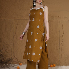 Kimayra Rayon Calf Length Printed Sleeveless Round Neck Straight Kurta Suit Set