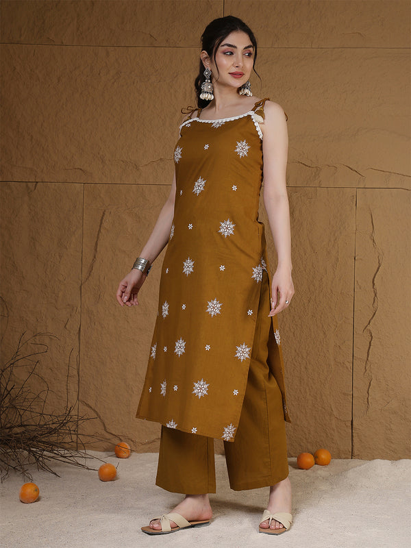 Kimayra Rayon Calf Length Printed Sleeveless Round Neck Straight Kurta Suit Set