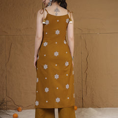 Kimayra Rayon Calf Length Printed Sleeveless Round Neck Straight Kurta Suit Set