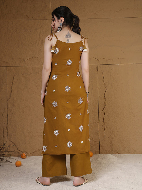 Kimayra Rayon Calf Length Printed Sleeveless Round Neck Straight Kurta Suit Set