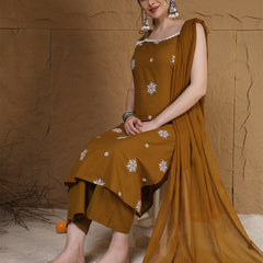 Kimayra Rayon Calf Length Printed Sleeveless Round Neck Straight Kurta Suit Set