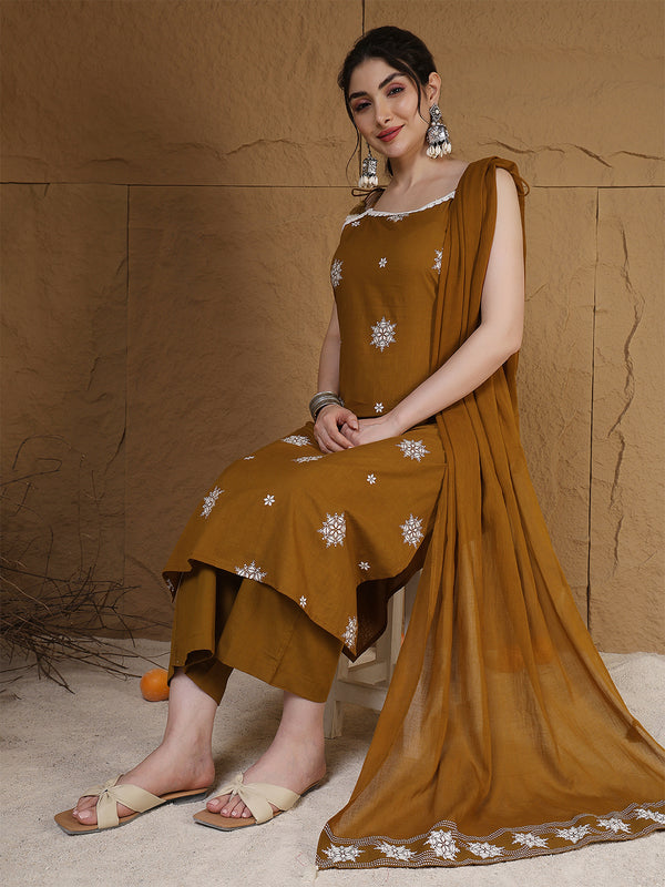 Kimayra Rayon Calf Length Printed Sleeveless Round Neck Straight Kurta Suit Set