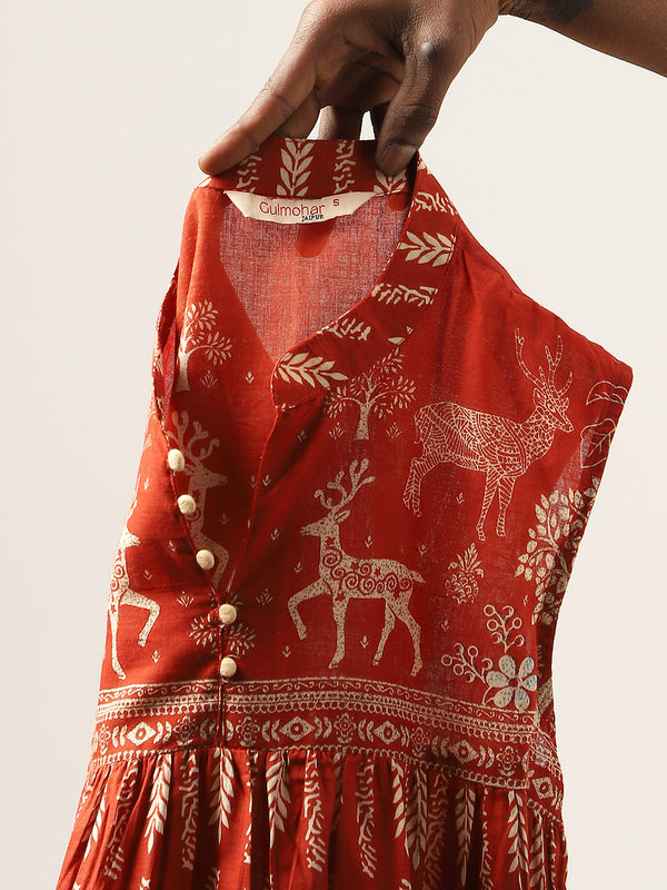 Kimayra Cotton Hip Length Printed Sleeveless Mandarin Collar Flared Top