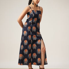 Kimayra Cotton Calf Length Printed Sleeveless Square Neck Straight Dress