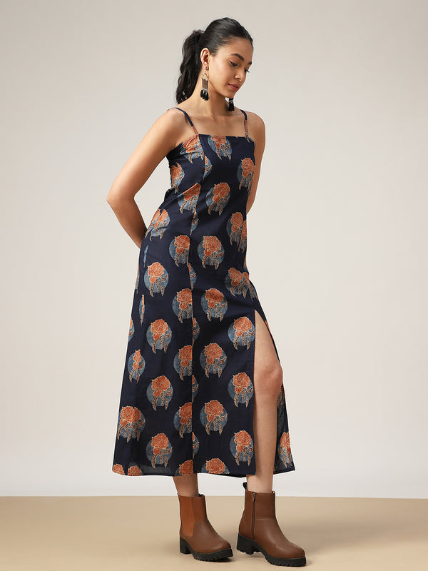 Kimayra Cotton Calf Length Printed Sleeveless Square Neck Straight Dress