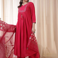 Kimayra Rayon Calf Length Solid 3/4 Sleeves Round Neck Flared Kurta Suit Set