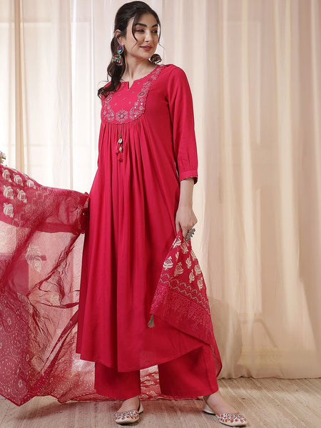 Kimayra Rayon Calf Length Solid 3/4 Sleeves Round Neck Flared Kurta Suit Set