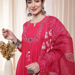 Kimayra Rayon Calf Length Solid 3/4 Sleeves Round Neck Flared Kurta Suit Set