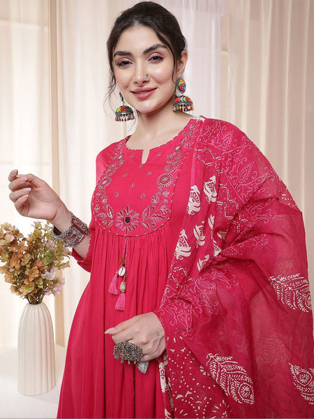 Kimayra Rayon Calf Length Solid 3/4 Sleeves Round Neck Flared Kurta Suit Set