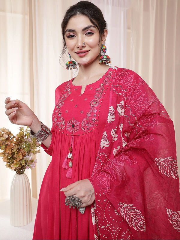 Kimayra Rayon Calf Length Solid 3/4 Sleeves Round Neck Flared Kurta Suit Set
