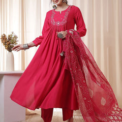 Kimayra Rayon Calf Length Solid 3/4 Sleeves Round Neck Flared Kurta Suit Set