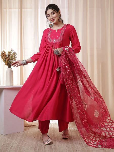 Kimayra Rayon Calf Length Solid 3/4 Sleeves Round Neck Flared Kurta Suit Set