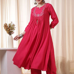 Kimayra Rayon Calf Length Solid 3/4 Sleeves Round Neck Flared Kurta Suit Set