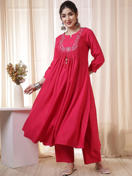 Kimayra Rayon Calf Length Solid 3/4 Sleeves Round Neck Flared Kurta Suit Set