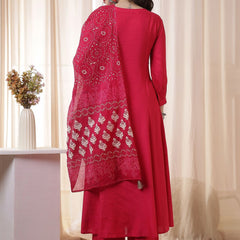 Kimayra Rayon Calf Length Solid 3/4 Sleeves Round Neck Flared Kurta Suit Set