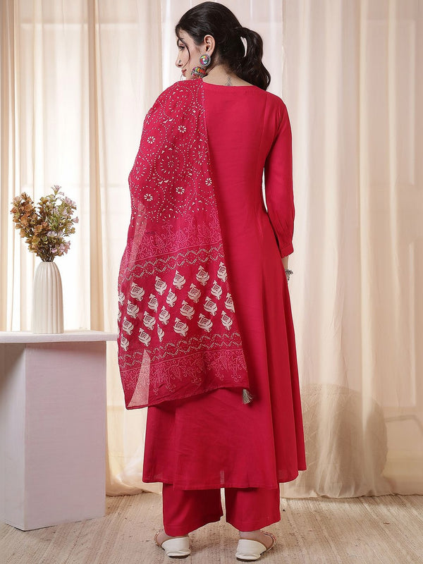 Kimayra Rayon Calf Length Solid 3/4 Sleeves Round Neck Flared Kurta Suit Set