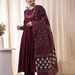 Kimayra Rayon Calf Length Solid 3/4 Sleeves Round Neck Flared Kurta Suit Set